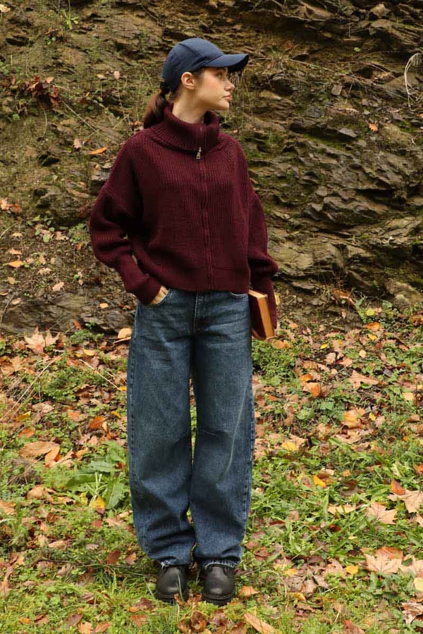 Balıkçı Yaka Fermuarlı Kazak Bordo - 8