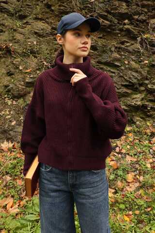 Balıkçı Yaka Fermuarlı Kazak Bordo - 3