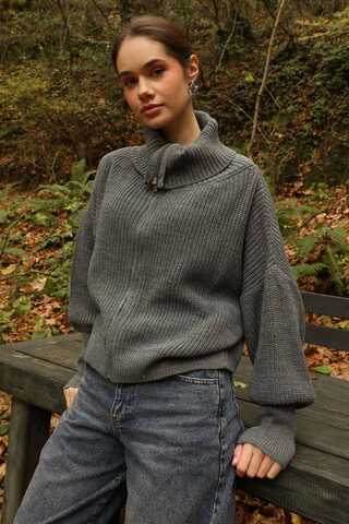 Balıkçı Yaka Fermuarlı Kazak Gri - 1