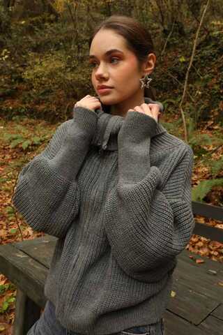 Balıkçı Yaka Fermuarlı Kazak Gri - 2