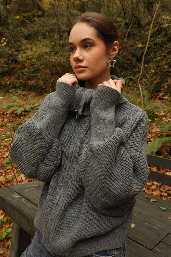 Balıkçı Yaka Fermuarlı Kazak Gri - 2