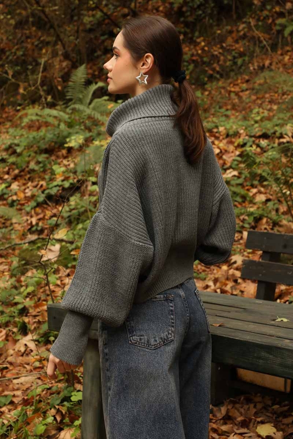 Balıkçı Yaka Fermuarlı Kazak Gri - 3