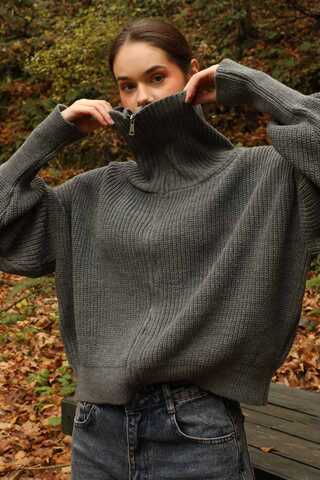 Balıkçı Yaka Fermuarlı Kazak Gri - 4