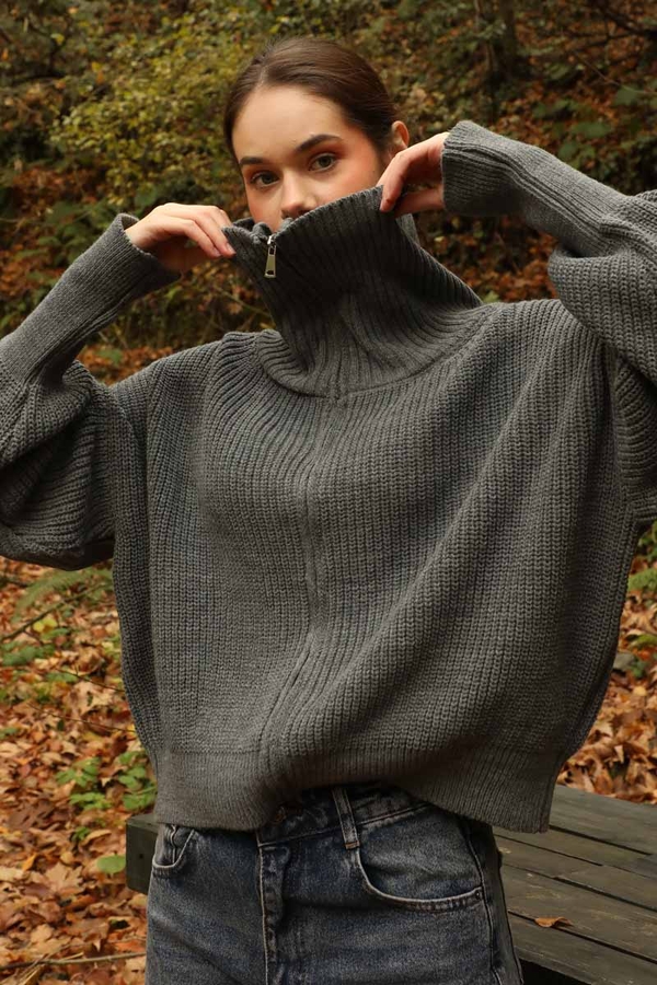 Balıkçı Yaka Fermuarlı Kazak Gri - 4