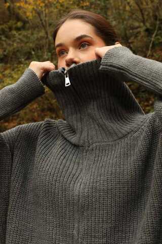 Balıkçı Yaka Fermuarlı Kazak Gri - 5