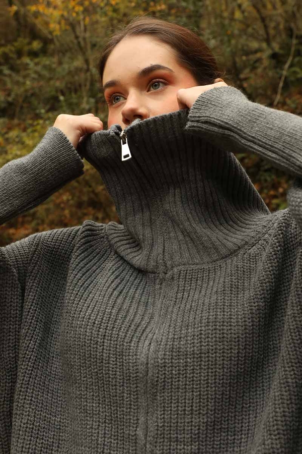 Balıkçı Yaka Fermuarlı Kazak Gri - 5