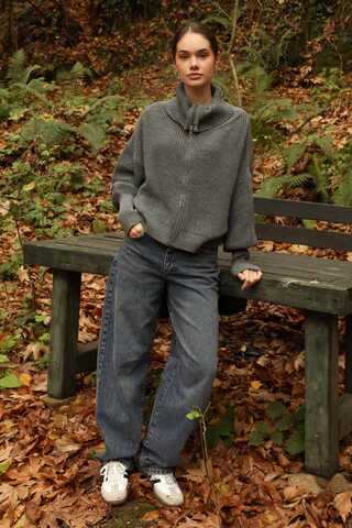 Balıkçı Yaka Fermuarlı Kazak Gri - 6