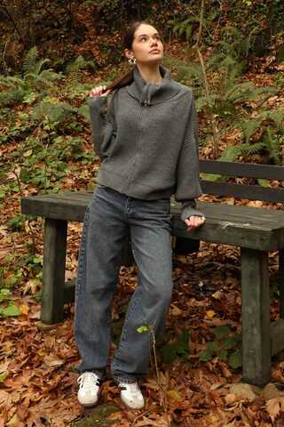 Balıkçı Yaka Fermuarlı Kazak Gri - 7