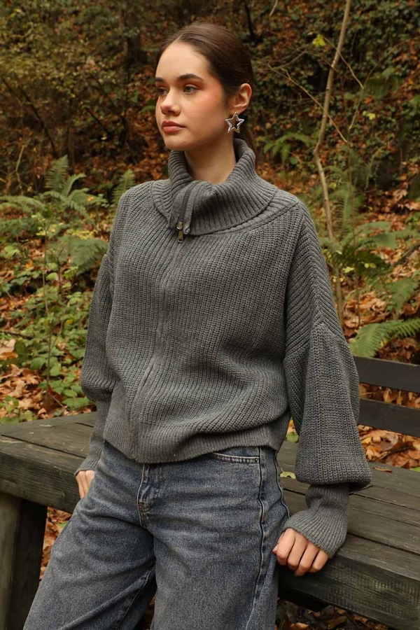 Balıkçı Yaka Fermuarlı Kazak Gri - 8