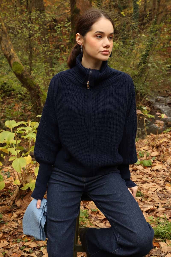 Balıkçı Yaka Fermuarlı Kazak Lacivert - 1