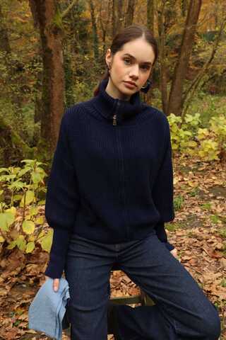 Balıkçı Yaka Fermuarlı Kazak Lacivert - 3