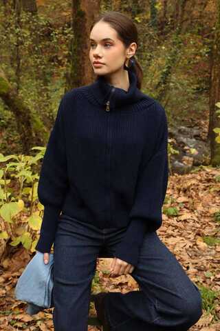 Balıkçı Yaka Fermuarlı Kazak Lacivert - 4