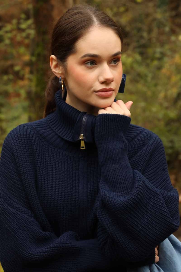 Balıkçı Yaka Fermuarlı Kazak Lacivert - 5