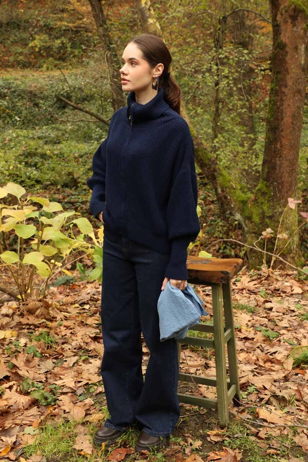 Balıkçı Yaka Fermuarlı Kazak Lacivert - 7