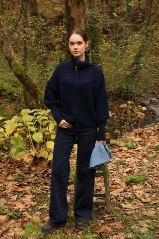 Balıkçı Yaka Fermuarlı Kazak Lacivert - 2