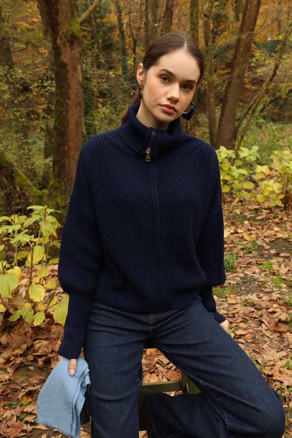 Balıkçı Yaka Fermuarlı Kazak Lacivert - 3