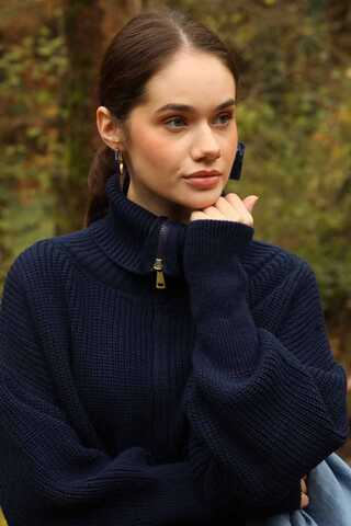 Balıkçı Yaka Fermuarlı Kazak Lacivert - 5