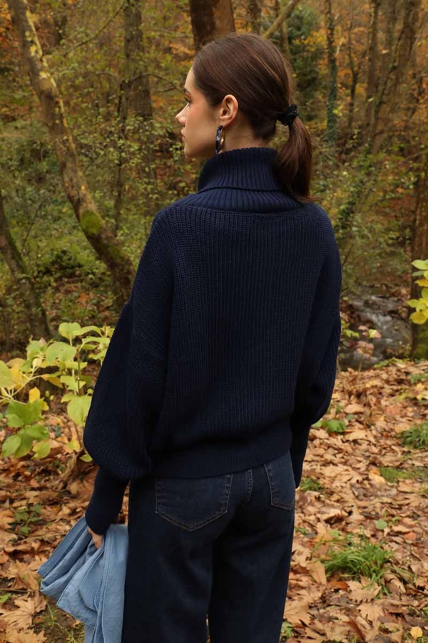 Balıkçı Yaka Fermuarlı Kazak Lacivert - 6