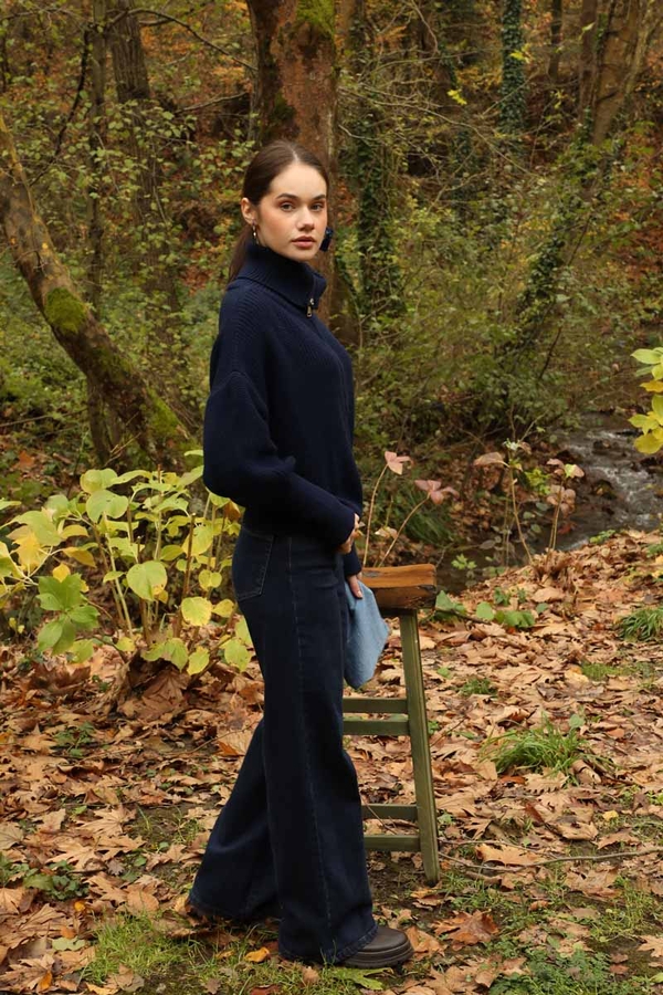 Balıkçı Yaka Fermuarlı Kazak Lacivert - 8