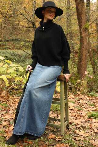 Balıkçı Yaka Fermuarlı Kazak Siyah - 2