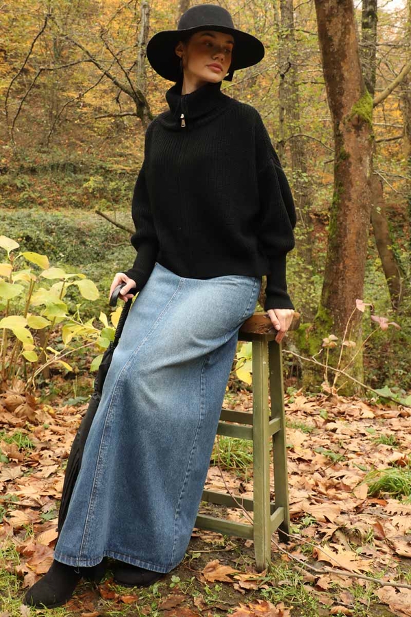 Balıkçı Yaka Fermuarlı Kazak Siyah - 2