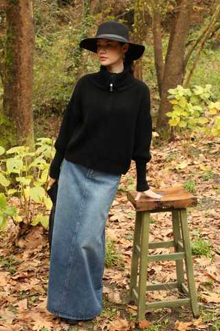 Balıkçı Yaka Fermuarlı Kazak Siyah - 3