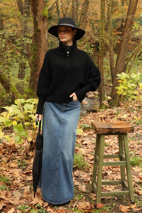 Balıkçı Yaka Fermuarlı Kazak Siyah - 4