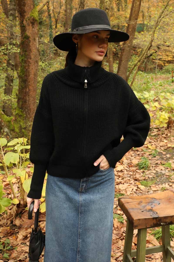 Balıkçı Yaka Fermuarlı Kazak Siyah - 5