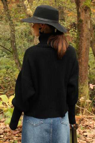 Balıkçı Yaka Fermuarlı Kazak Siyah - 6