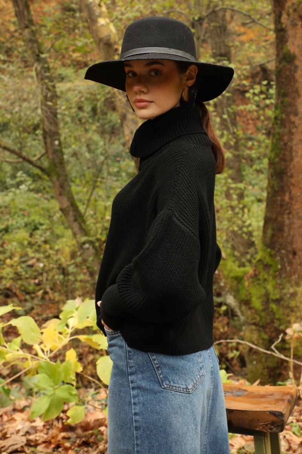 Balıkçı Yaka Fermuarlı Kazak Siyah - 7