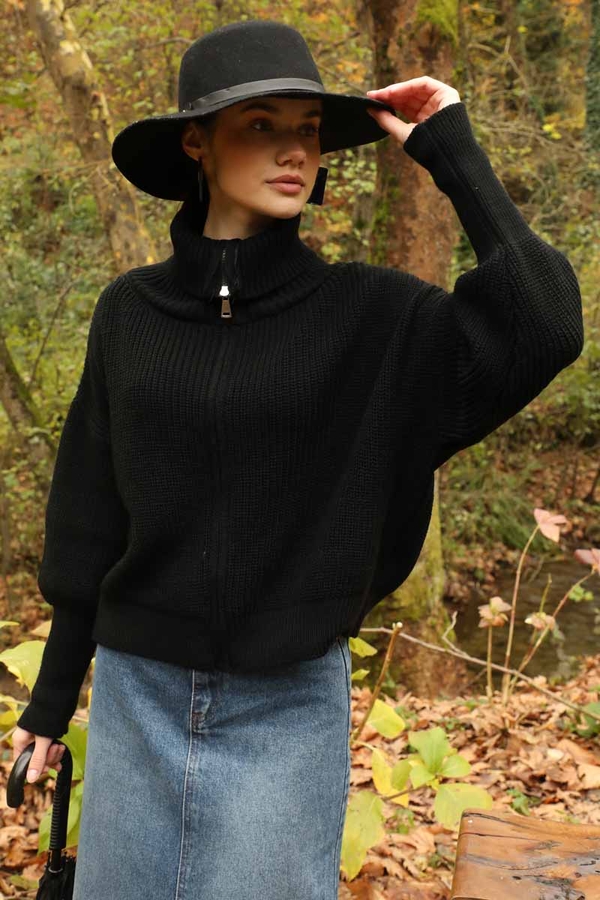 Balıkçı Yaka Fermuarlı Kazak Siyah 