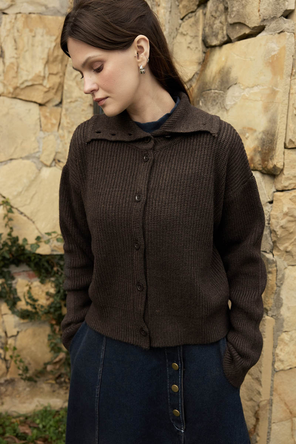 Balıkçı Yaka Hırka Acı Kahve - 6