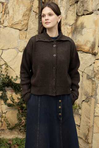 Balıkçı Yaka Hırka Acı Kahve - 9