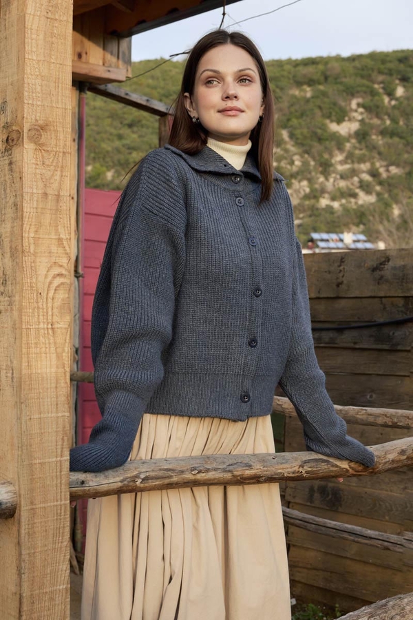 Balıkçı Yaka Hırka İndigo - 8