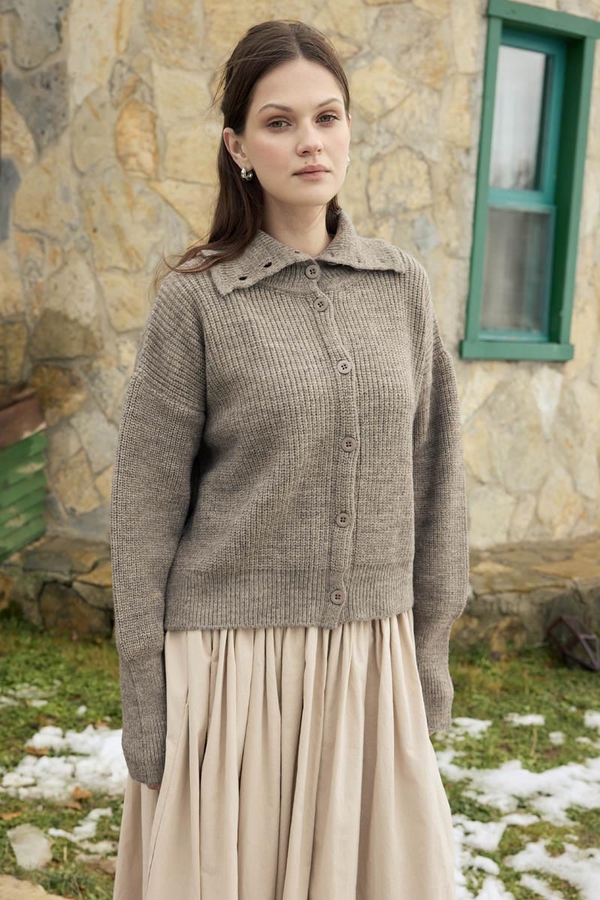 Balıkçı Yaka Hırka Vizon - 1