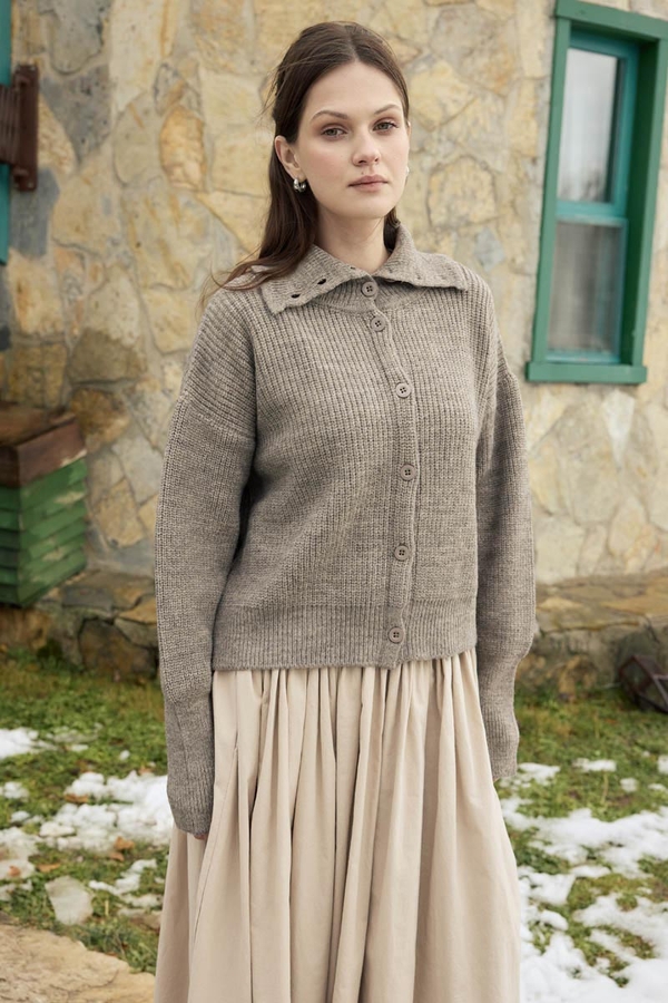 Balıkçı Yaka Hırka Vizon - 6