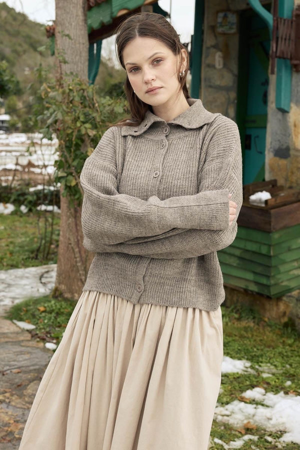 Balıkçı Yaka Hırka Vizon - 4