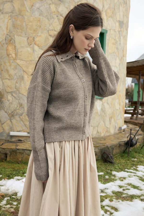 Balıkçı Yaka Hırka Vizon - 5
