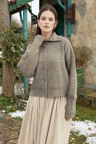 Balıkçı Yaka Hırka Vizon - 2