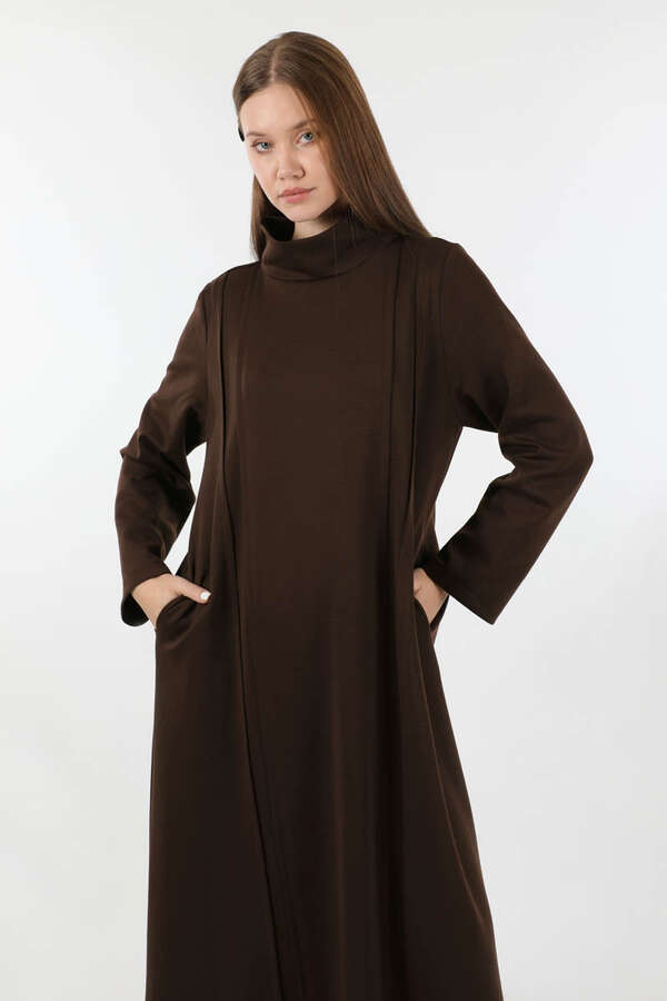 Balıkçı Yaka Nervür Detaylı Elbise Kahve - 2