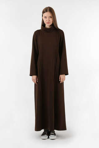 Balıkçı Yaka Nervür Detaylı Elbise Kahve - 3