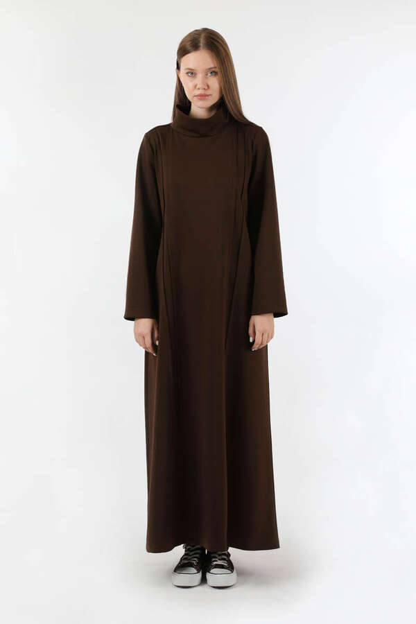 Balıkçı Yaka Nervür Detaylı Elbise Kahve - 3