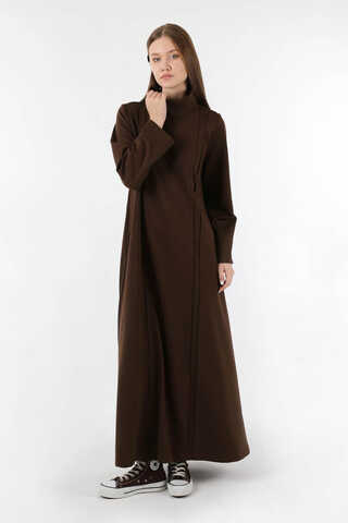 Balıkçı Yaka Nervür Detaylı Elbise Kahve - 5