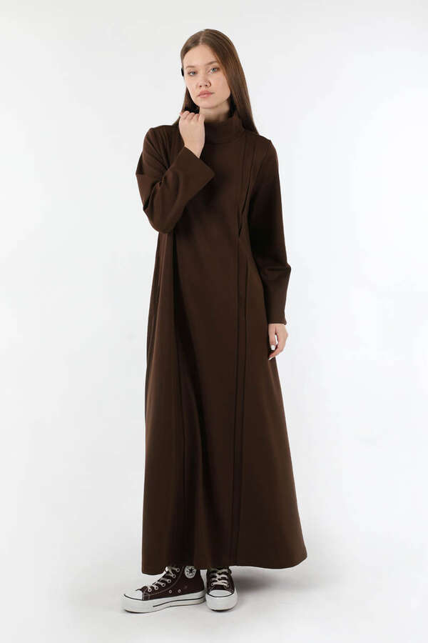 Balıkçı Yaka Nervür Detaylı Elbise Kahve - 5