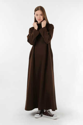 Balıkçı Yaka Nervür Detaylı Elbise Kahve - 1