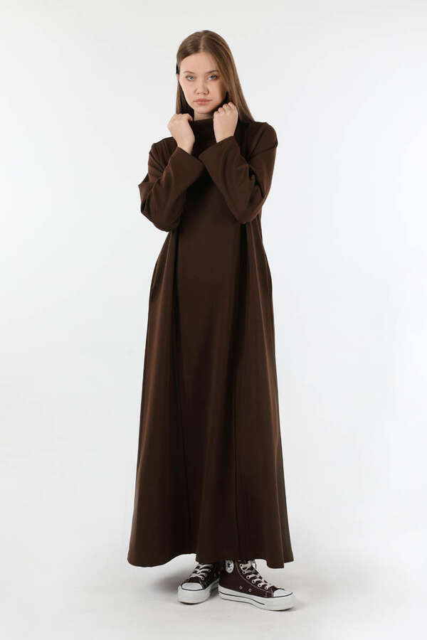 Balıkçı Yaka Nervür Detaylı Elbise Kahve - 1