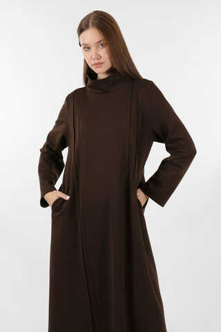 Balıkçı Yaka Nervür Detaylı Elbise Kahve - 2