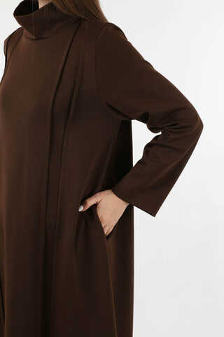 Balıkçı Yaka Nervür Detaylı Elbise Kahve - 4