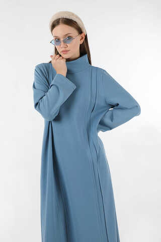 Balıkçı Yaka Nervür Detaylı Elbise Mavi - 2