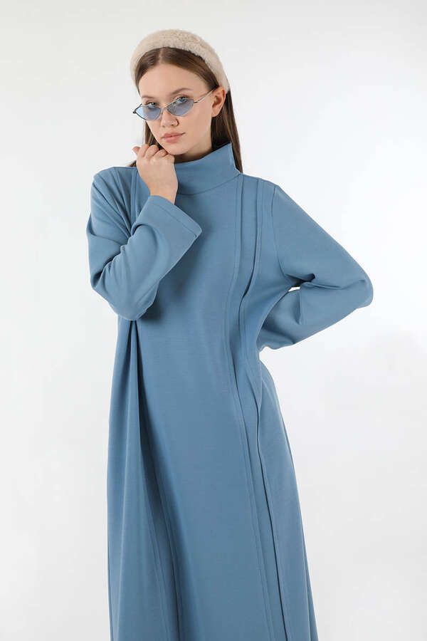 Balıkçı Yaka Nervür Detaylı Elbise Mavi - 2